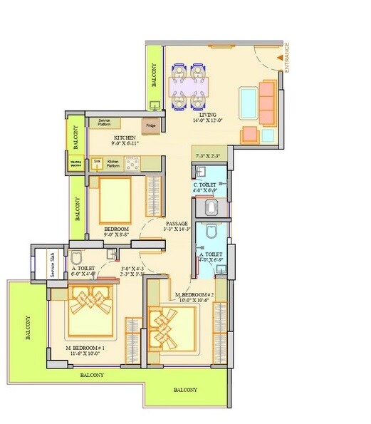 Floor plan of 3 BHK 708 Sq. Ft. Apartment in Dange Chawre Crown, Palghar