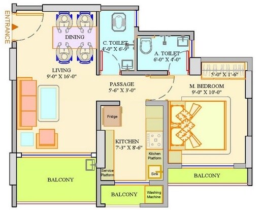 Floor plan of 1 BHK 350 Sq. Ft. Apartment in Dange Complex Tower IV, Palghar