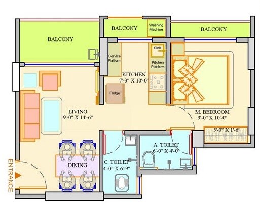 Floor plan of 1 BHK 394 Sq. Ft. Apartment in Dange Complex Tower IV, Palghar