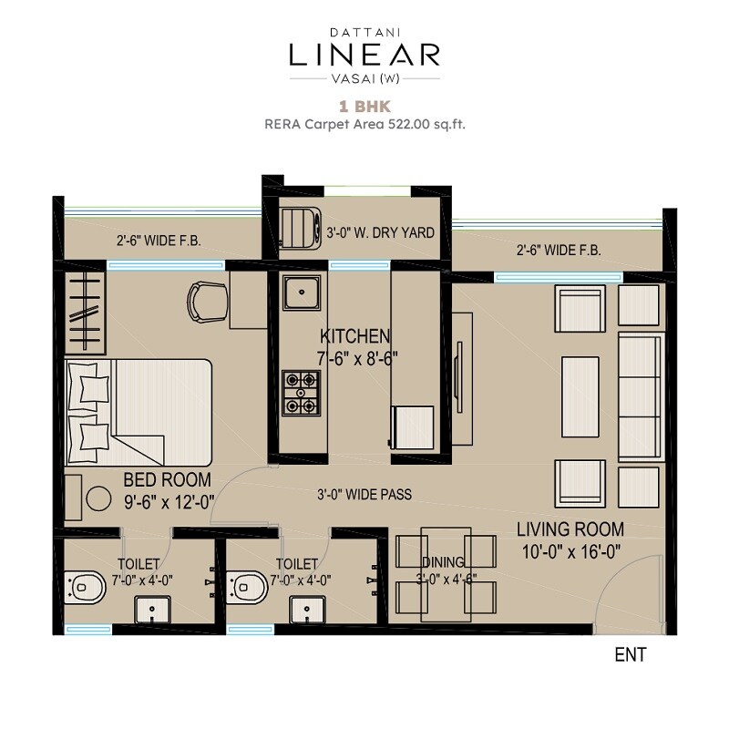 Floor plan of 1 BHK 522 Sq. Ft. Apartment in Dattani Linear, Palghar