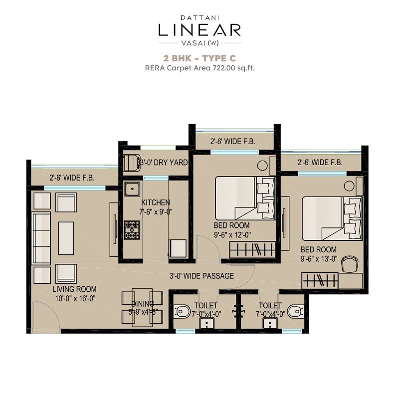 Floor plan of 2 BHK 722 Sq. Ft. Apartment in Dattani Linear, Palghar