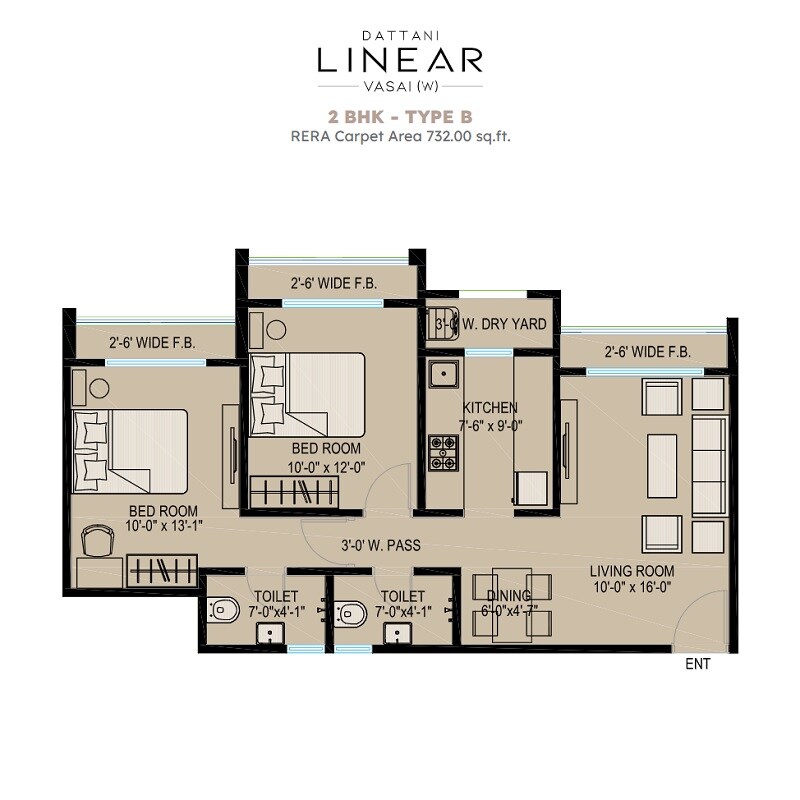 Floor plan of 2 BHK 732 Sq. Ft. Apartment in Dattani Linear, Palghar