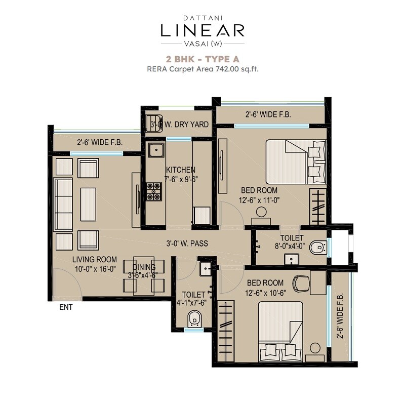 Floor plan of 2 BHK 742 Sq. Ft. Apartment in Dattani Linear, Palghar