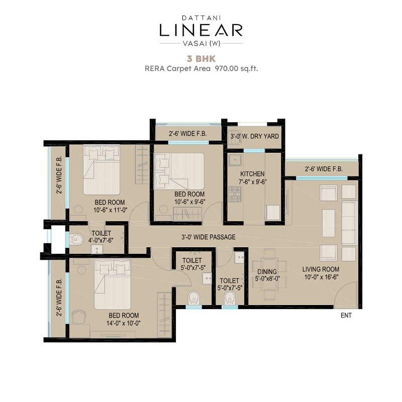 Floor plan of 3 BHK 970 Sq. Ft. Apartment in Dattani Linear, Palghar