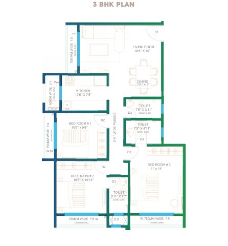 Floor plan of 3 BHK 970 Sq. Ft. Apartment in Dattani Vertex, Palghar