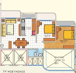 Floor plan of 2 BHK 644 Sq. Ft. Apartment in DBR Paramount Heights, Palghar