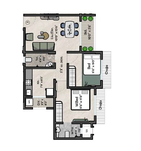 Floor plan of 2 BHK 643 Sq. Ft. Apartment in Decent Evoq, Palghar