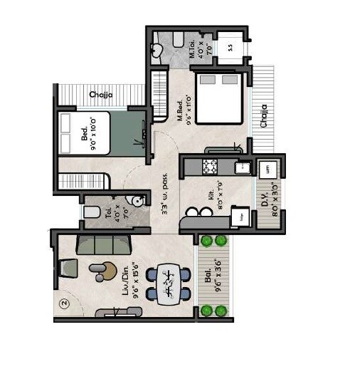 Floor plan of 2 BHK 762 Sq. Ft. Apartment in Decent Evoq, Palghar