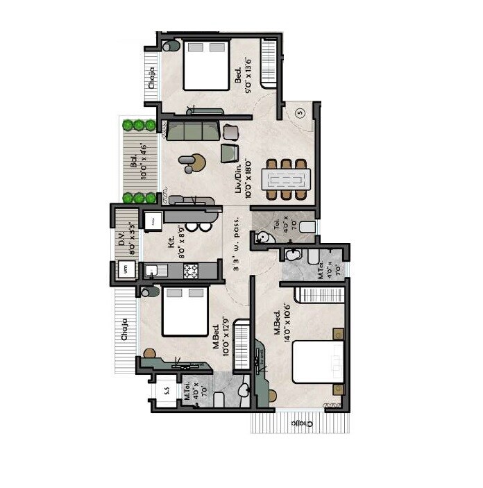 Floor plan of 3 BHK 1029 Sq. Ft. Apartment in Decent Evoq, Palghar