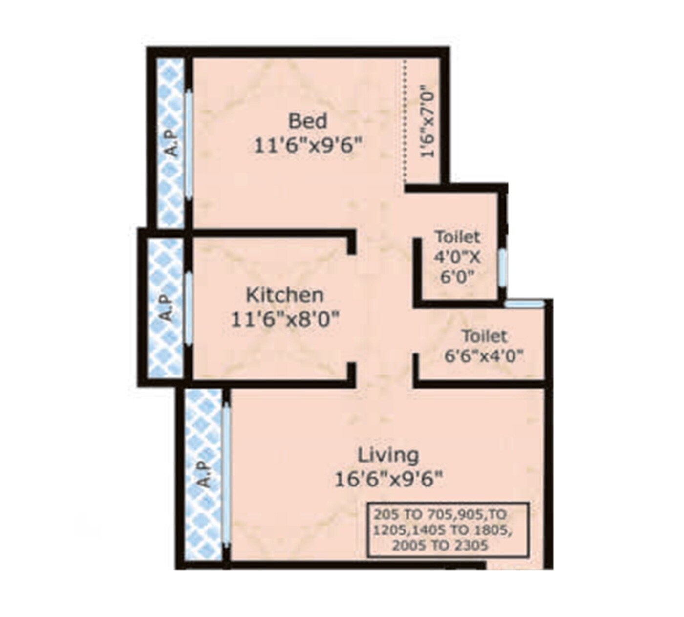 Floor plan of 1 BHK 375 Sq. Ft. Apartment in Deep Sky, Palghar