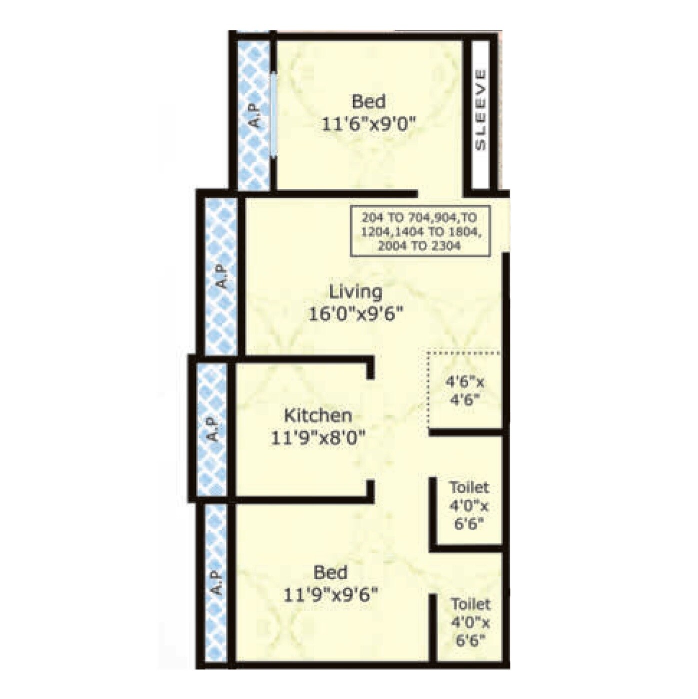 Floor plan of 2 BHK 617 Sq. Ft. Apartment in Deep Sky, Palghar