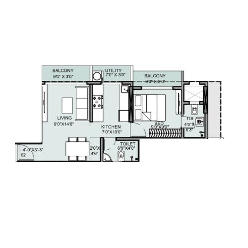 Floor plan of 1 BHK 444 Sq. Ft. Apartment in Deep Vaibhav, Palghar