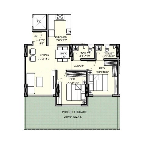 Floor plan of 2 BHK 617 Sq. Ft. Apartment in Deep Vaibhav, Palghar