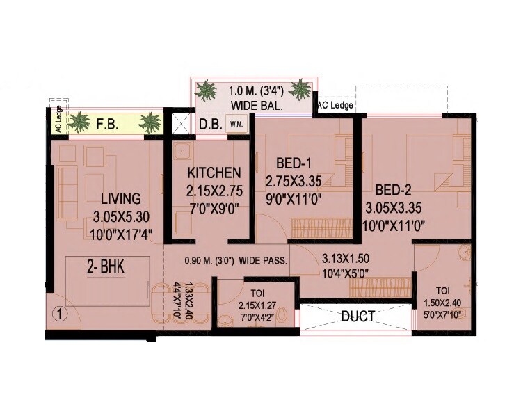 Floor plan of 2 BHK 691 Sq. Ft. Apartment in Delight Divine Orchid, Palghar