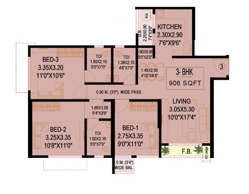 Floor plan of 3 BHK 855 Sq. Ft. Apartment in Delight Divine Orchid, Palghar