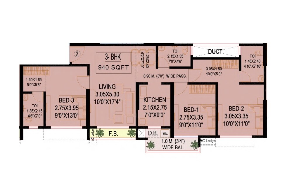 Floor plan of 3 BHK 880 Sq. Ft. Apartment in Delight Divine Orchid, Palghar
