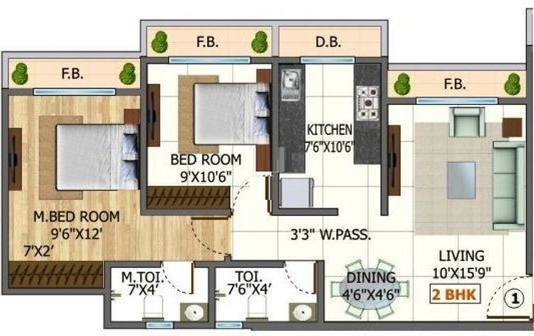 Floor plan of 2 BHK 553 Sq. Ft. Apartment in DGS Sheetal Heights, Palghar