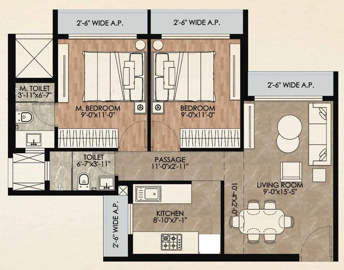 2 BHK 550 Sq. Ft. Apartment