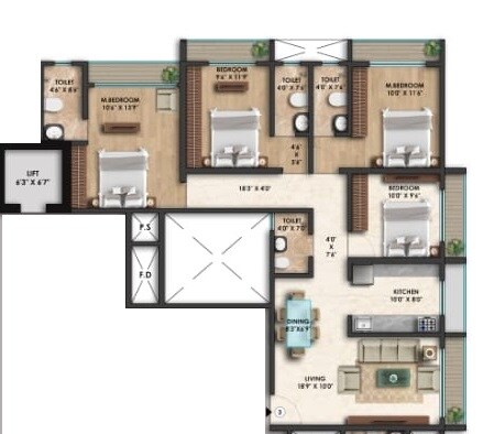 Floor plan of 3 BHK 820 Sq. Ft. Apartment in Ditya Luxuria, Palghar