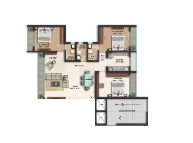 Floor plan of 3 BHK 854 Sq. Ft. Apartment in Ditya Luxuria, Palghar