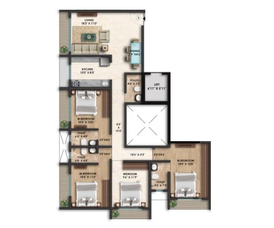 Floor plan of 4 BHK 1126 Sq. Ft. Apartment in Ditya Luxuria, Palghar