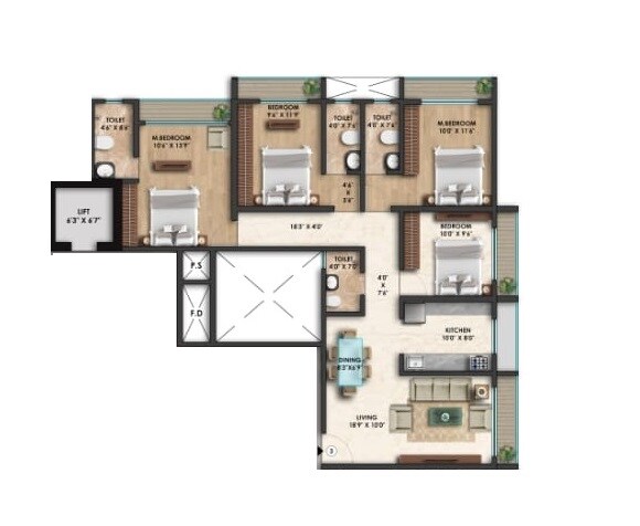 Floor plan of 4 BHK 1166 Sq. Ft. Apartment in Ditya Luxuria, Palghar