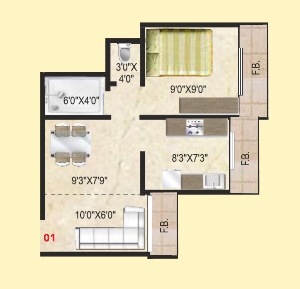 Floor plan of 1 BHK 249 Sq. Ft. Apartment in DK Chandika Heritage, Palghar