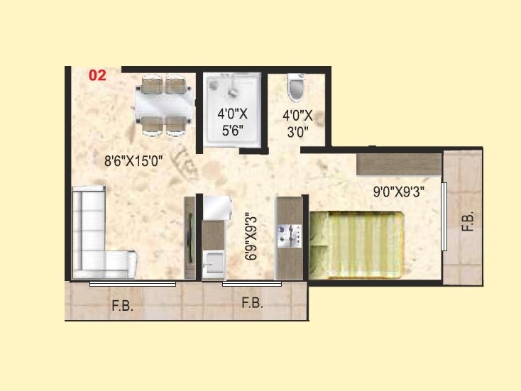 Floor plan of 1 BHK 305 Sq. Ft. Apartment in DK Chandika Heritage, Palghar