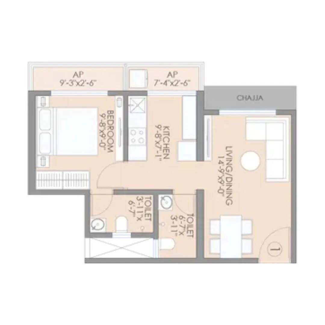 1 BHK 406 Sq. Ft. Apartment