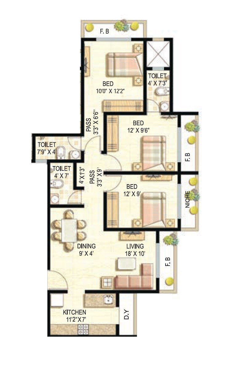 Floor plan of 3 BHK 709 Sq. Ft. Apartment in Ekta Parksville Phase 4, Palghar