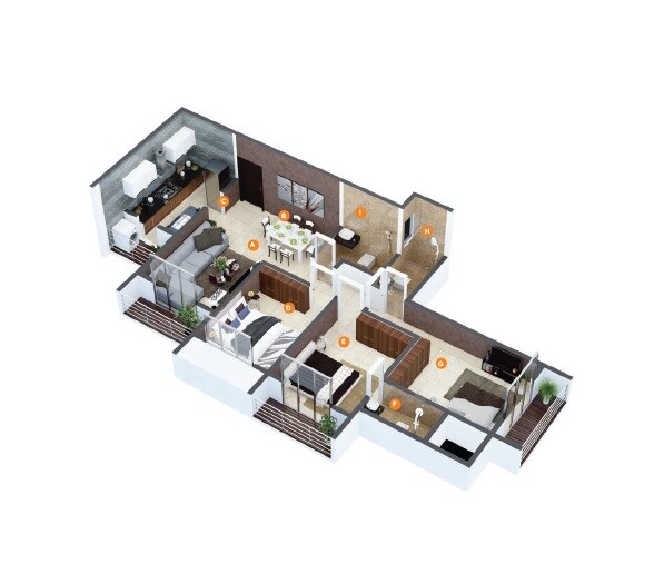 Floor plan of 3 BHK 800 Sq. Ft. Apartment in Ekta World Parksville, Palghar