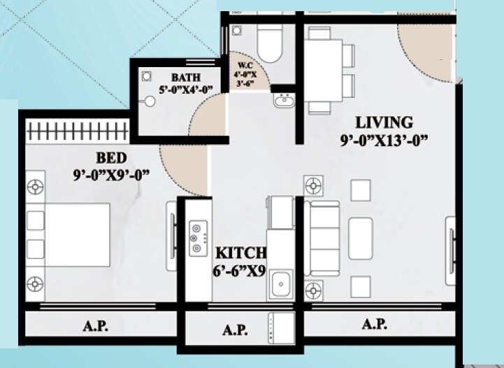 Floor plan of 1 BHK 300 Sq. Ft. Apartment in Elite Tower Morya Nagar, Palghar