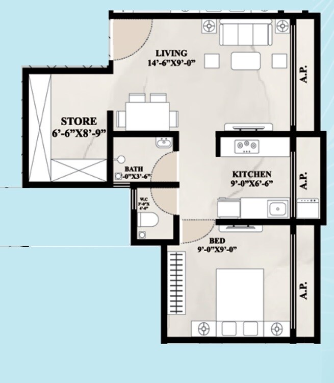 Floor plan of 1 BHK 319 Sq. Ft. Apartment in Elite Tower Morya Nagar, Palghar