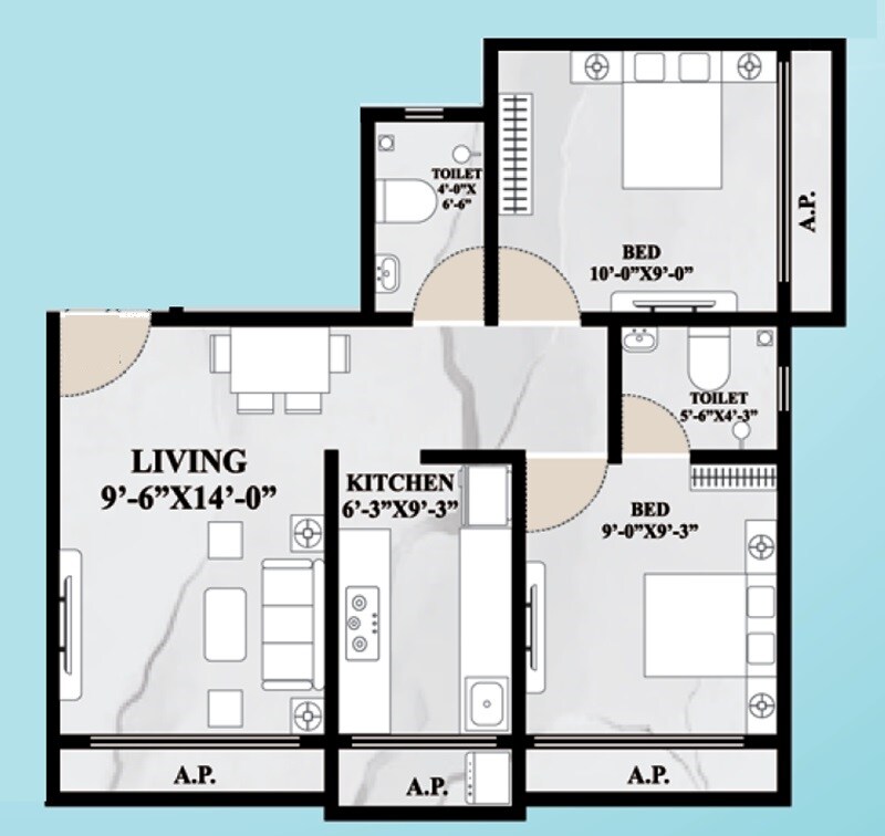 Floor plan of 2 BHK 381 Sq. Ft. Apartment in Elite Tower Morya Nagar, Palghar