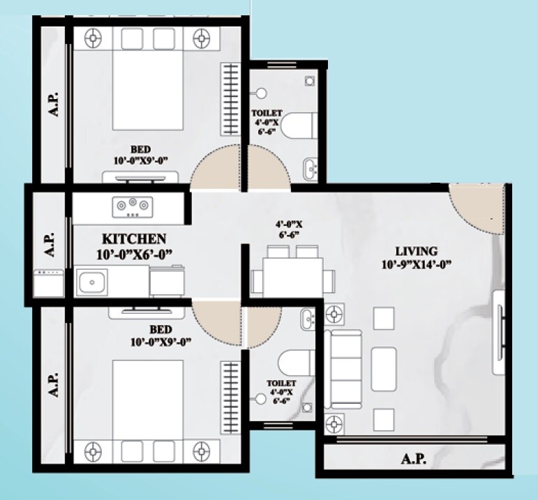 Floor plan of 2 BHK 427 Sq. Ft. Apartment in Elite Tower Morya Nagar, Palghar