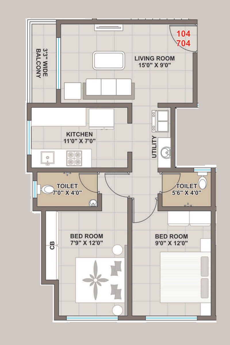 Floor plan of 2 BHK 671 Sq. Ft. Apartment in Family Dwaraka Heights, Palghar