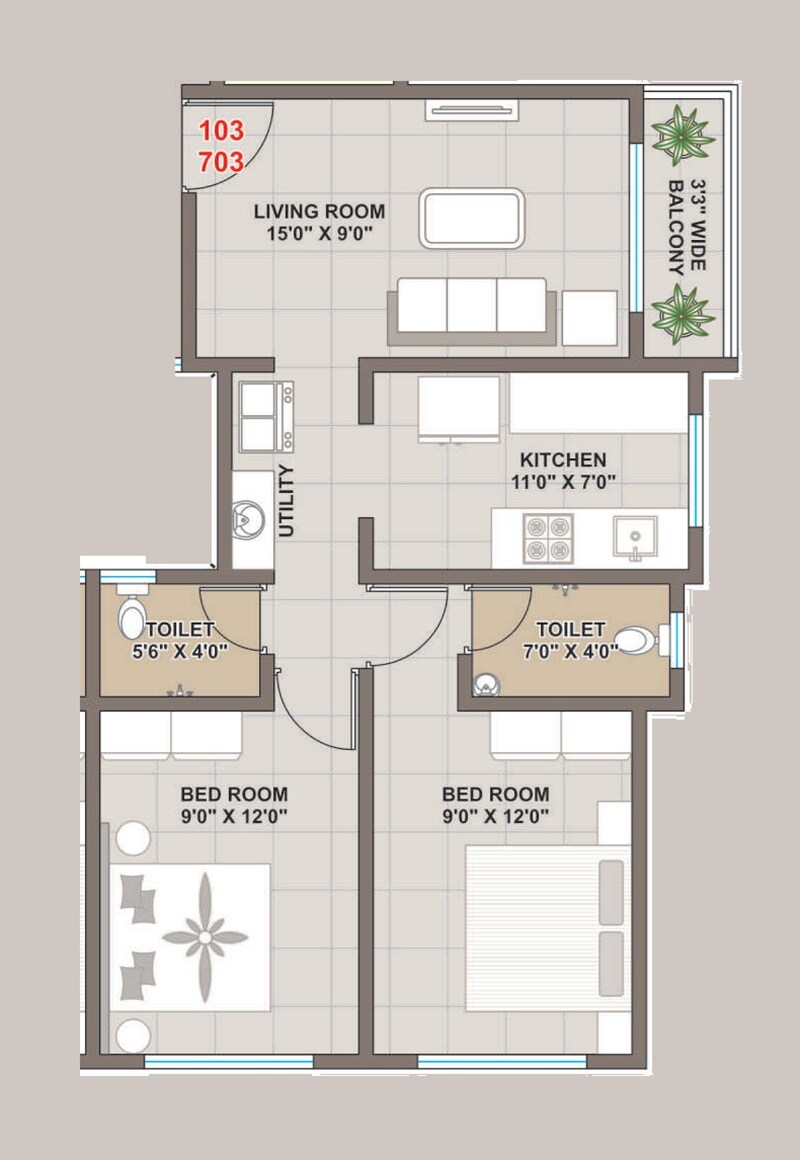 Floor plan of 2 BHK 676 Sq. Ft. Apartment in Family Dwaraka Heights, Palghar