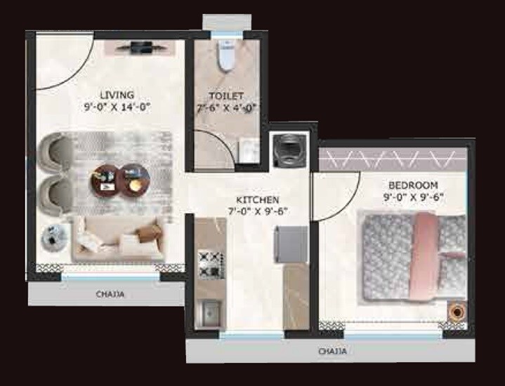 Floor plan of 1 BHK 345 Sq. Ft. Apartment in Fia Aangan, Palghar
