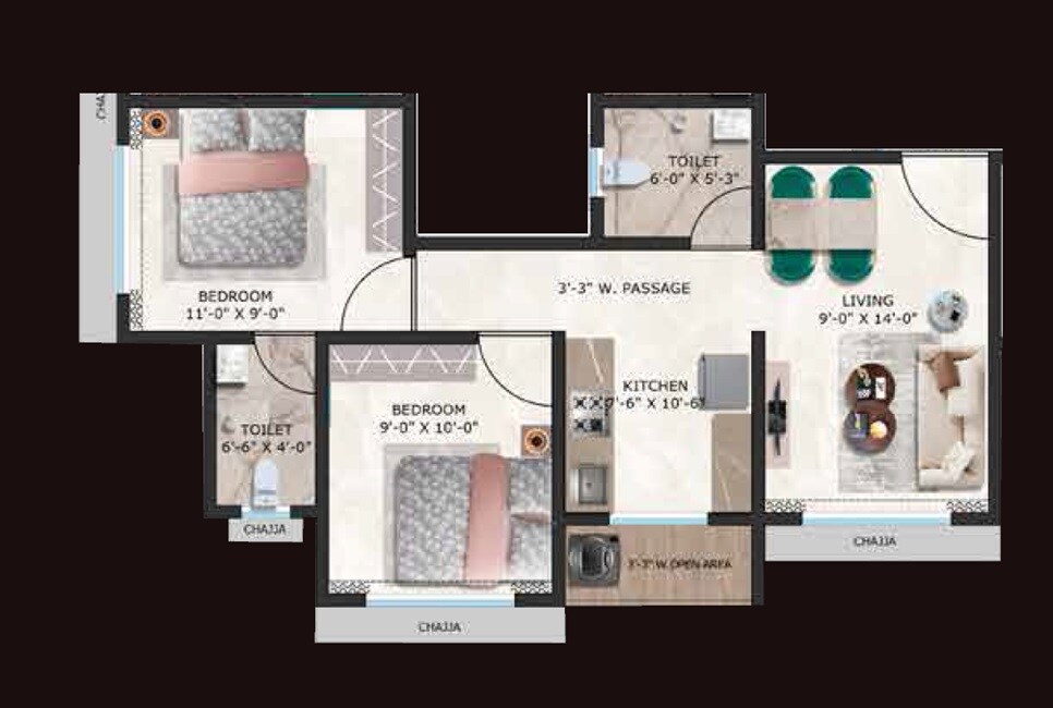 Floor plan of 2 BHK 497 Sq. Ft. Apartment in Fia Aangan, Palghar