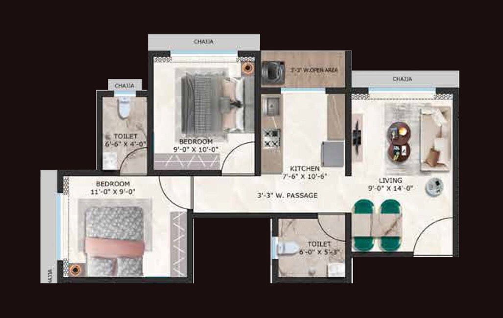 Floor plan of 2 BHK 528 Sq. Ft. Apartment in Fia Aangan, Palghar