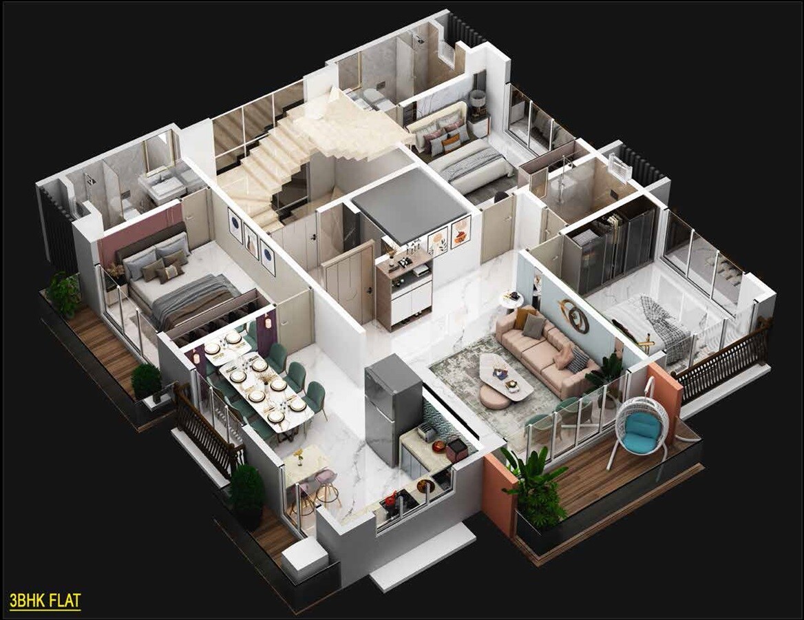 Floor plan of 3 BHK 1100 Sq. Ft. Apartment in Fia Aum Residences, Palghar