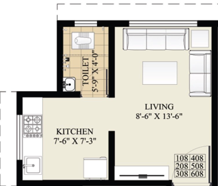 Floor plan of 206 Sq. Ft. Studio in Fia Eklavya, Palghar