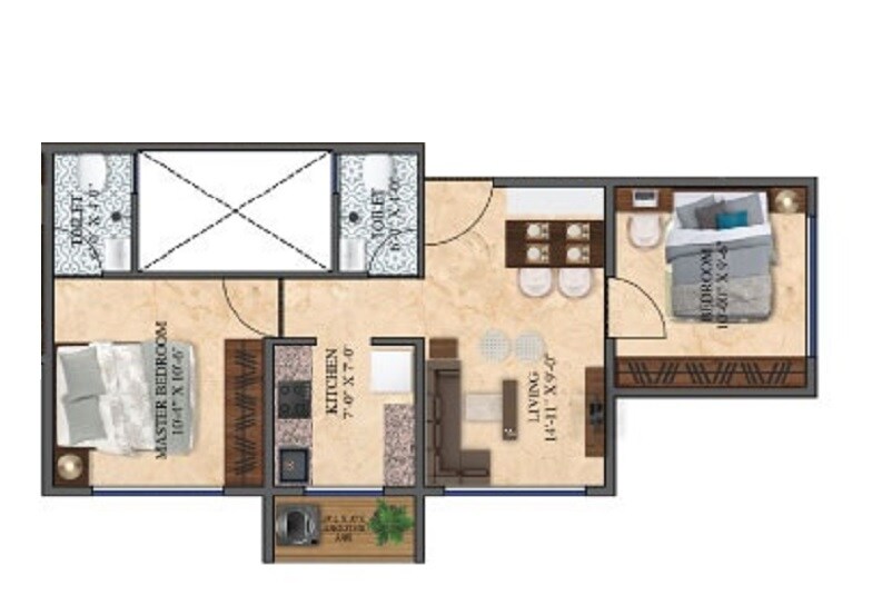 Floor plan of 2 BHK 505 Sq. Ft. Apartment in Fia Enigma, Palghar