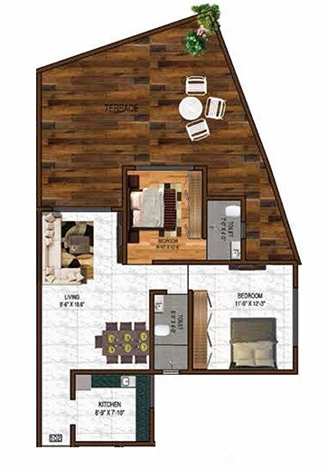 Floor plan of 2 BHK 779 Sq. Ft. Apartment in Fia Florenza, Palghar
