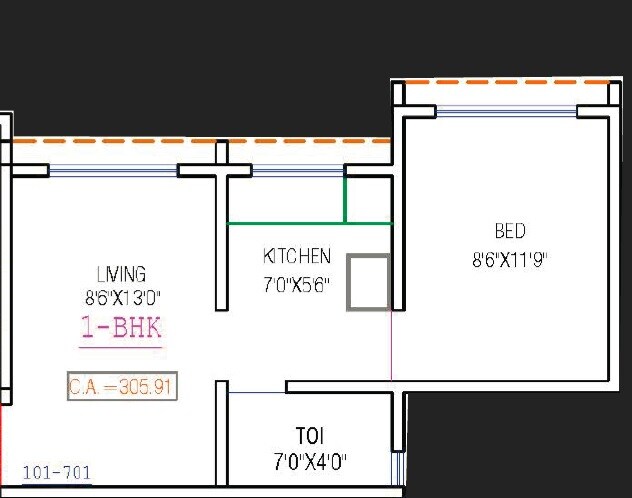 Floor plan of 1 BHK 305 Sq. Ft. Apartment in Fia Jeevika Heights, Palghar