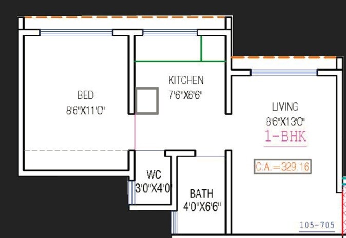 Floor plan of 1 BHK 329 Sq. Ft. Apartment in Fia Jeevika Heights, Palghar