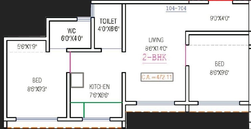 Floor plan of 2 BHK 472 Sq. Ft. Apartment in Fia Jeevika Heights, Palghar