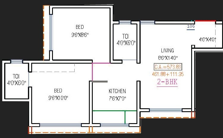 Floor plan of 2 BHK 574 Sq. Ft. Apartment in Fia Jeevika Heights, Palghar