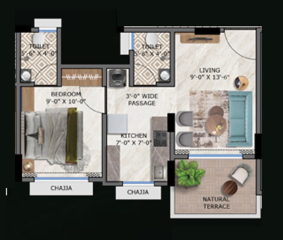 Floor plan of 1 BHK 393 Sq. Ft. Apartment in Fia Vatika, Palghar