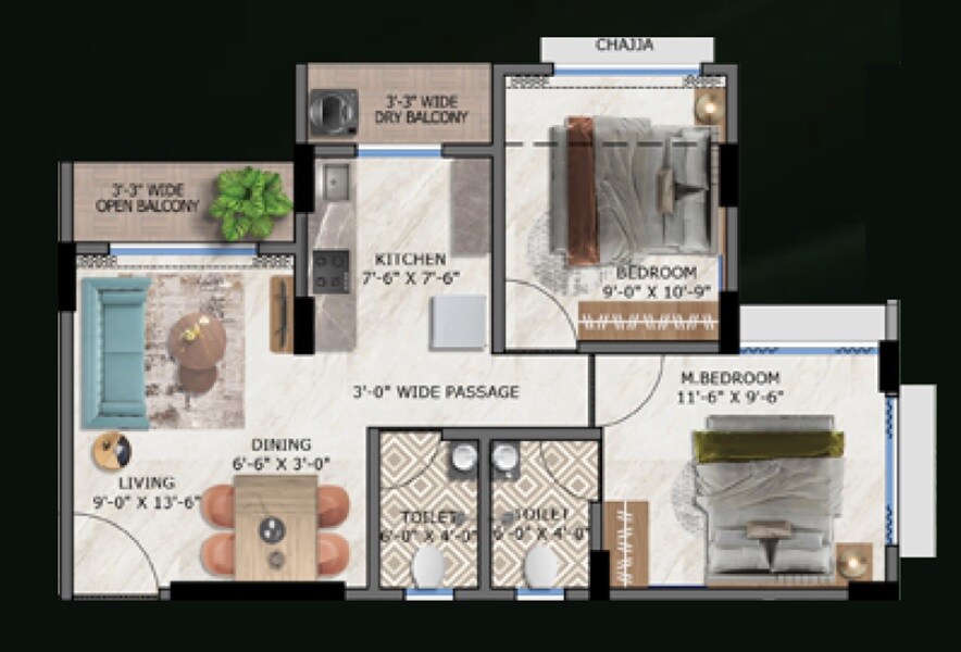 Floor plan of 2 BHK 577 Sq. Ft. Apartment in Fia Vatika, Palghar